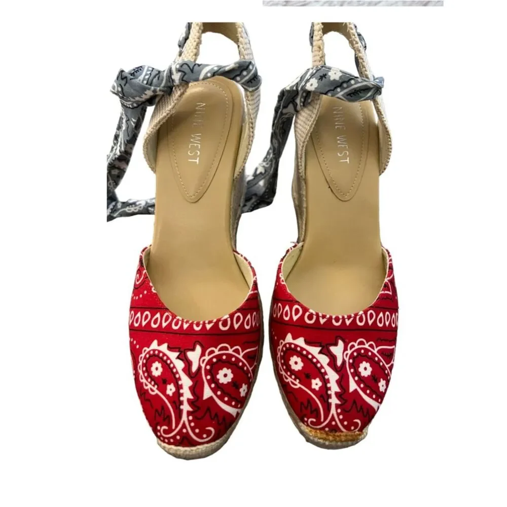 NINE WEST red blue bandana ankle strap wedges size 7.5 M